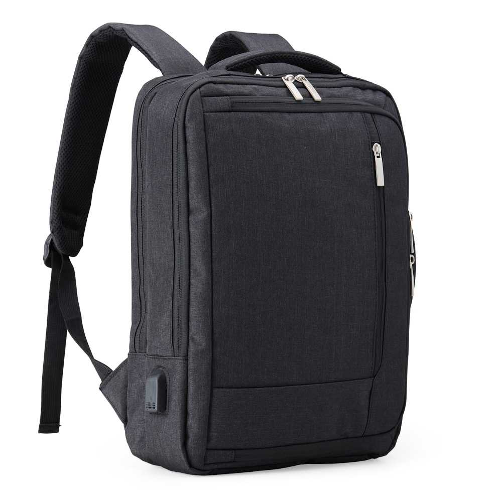 Mochila Personalizada Poliéster com compartimento para notebook de até 15,6 polegadas. Inclui um compartimento grande, compartimento frontal e bolsos laterais em malha.